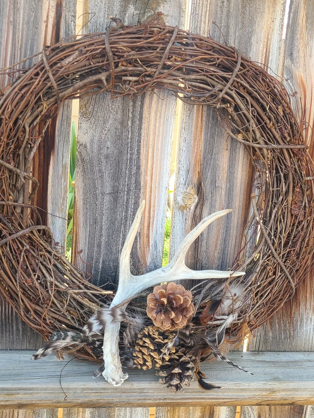 Rustic Brown Grapevine Holiday Wreath with Pinecone & Real Deer Antler Accent